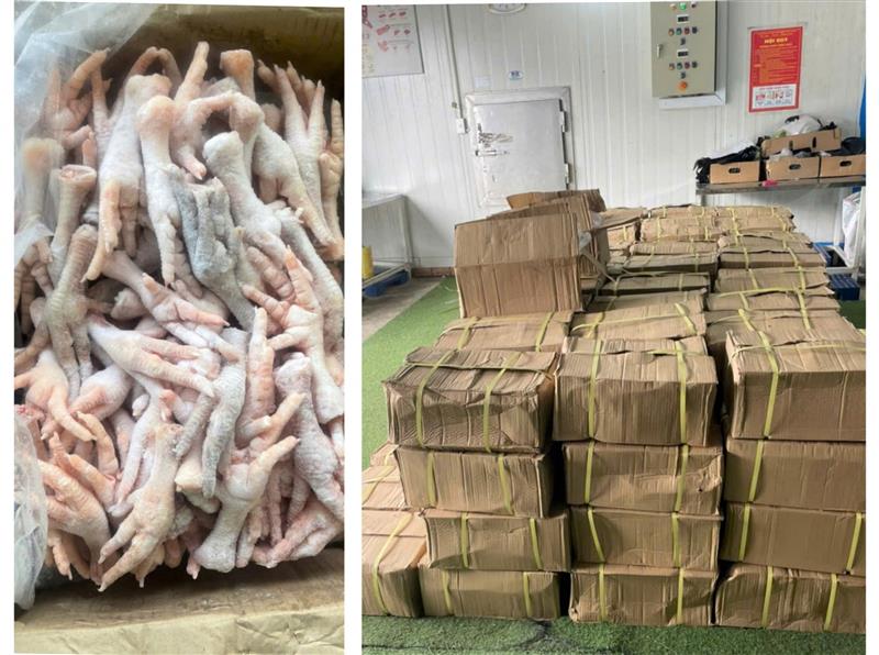 Số lượng lớn chân gà đông lạnh không rõ nguồn gốc, xuất xứ được lực lượng công an phát hiện, thu giữ