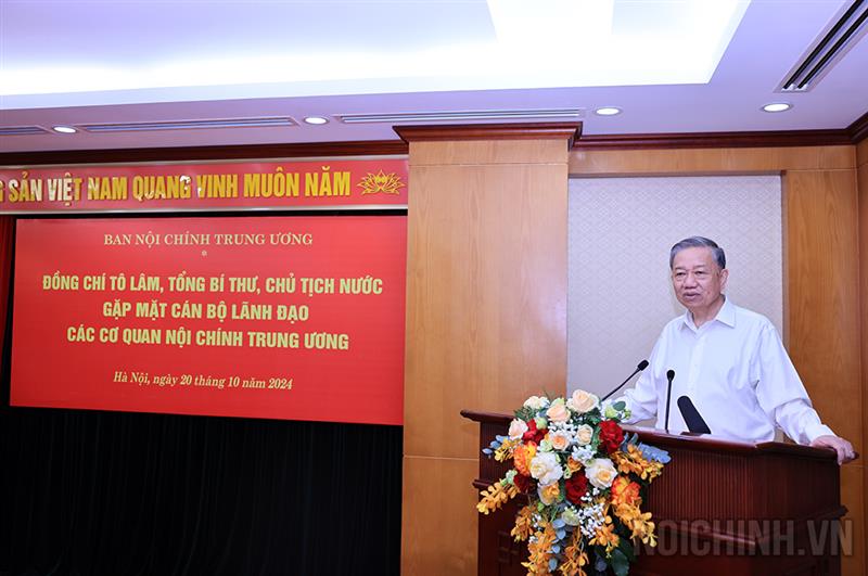 Đồng chí Tô Lâm, Ủy viên Bộ Chính trị, Tổng Bí thư, Chủ tịch nước phát biểu tại buổi gặp mặt
