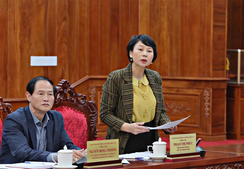 Đồng chí Phạm Thị Phúc - Phó Bí thư Tỉnh uỷ, Chủ tịch HĐND tỉnh báo cáo nội dung Đề án thành lập Đảng bộ huyện Đạ Huoai (mới)
