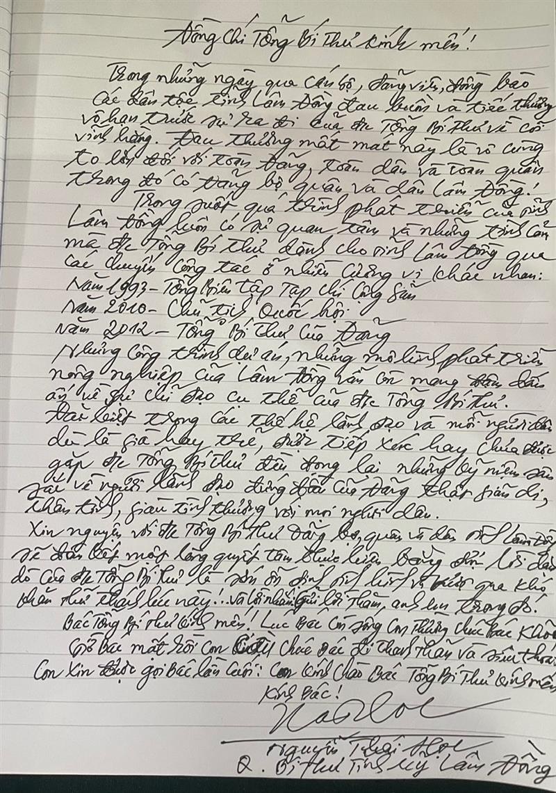 Nội dung viết trong sổ tang tại Lễ viếng Tổng Bí thư của Đồng chí Nguyễn Thái Học - Quyền Bí thư Tỉnh ủy Lâm Đồng