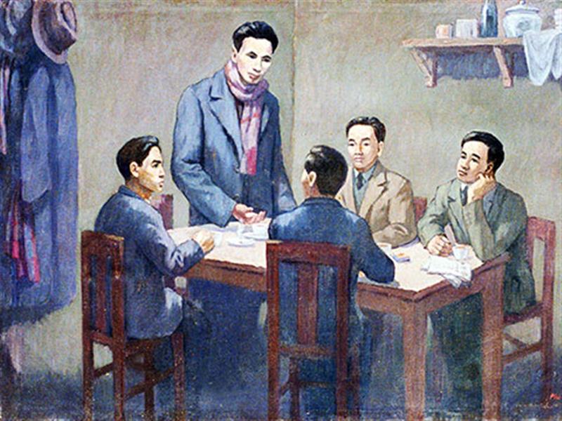 Hội nghị thành lập Đảng Cộng sản Việt Nam ngày 3/2/1930. Ảnh chụp lại tranh của họa sĩ Phi Hoanh (Ảnh: Bảo tàng Lịch sử Quốc gia)