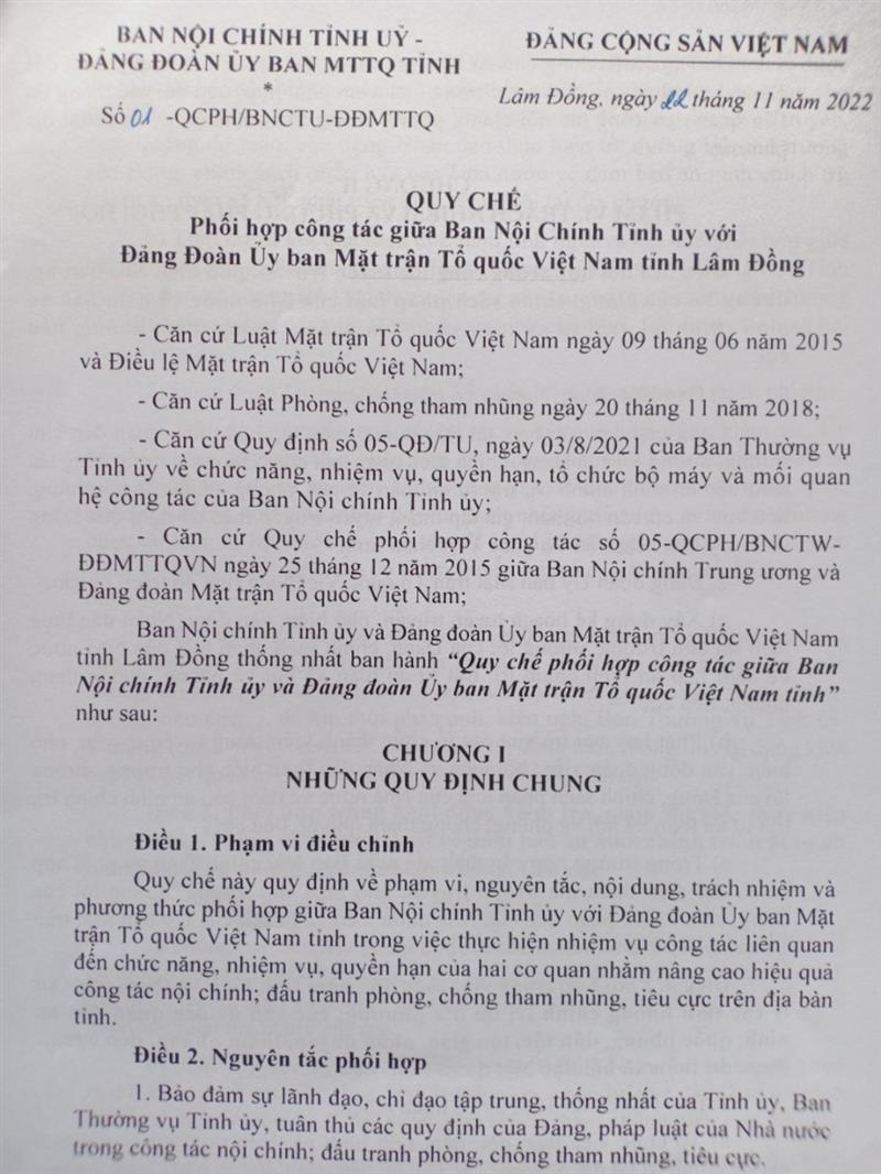 Quy chế phối hợp giữa Ban Nội chính Tỉnh ủy với Đảng Đoàn Ủy ban Mặt trận Tổ quốc Việt Nam tỉnh Lâm Đồng 