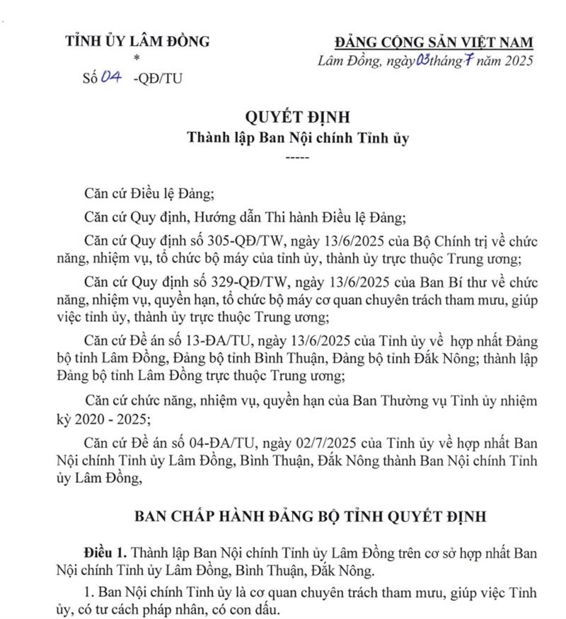 Quyết định số 04-QĐ/TU về việc thành lập Ban Nội chính Tỉnh ủy Lâm Đồng