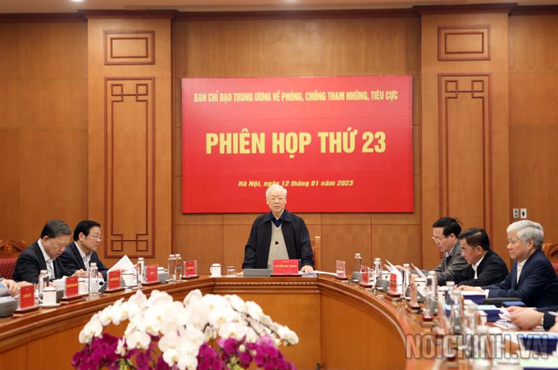 Đồng chí Nguyễn Phú Trọng, Tổng Bí thư, Trưởng Ban Chỉ đạo Trung ương về phòng, chống tham nhũng, tiêu cực phát biểu tại Phiên họp
