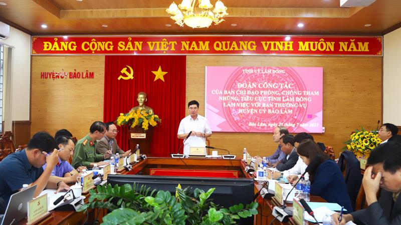 Phó Bí thư Thường trực Tỉnh ủy Lâm Đồng Trần Đình Văn phát biểu chỉ đạo tại buổi làm việc